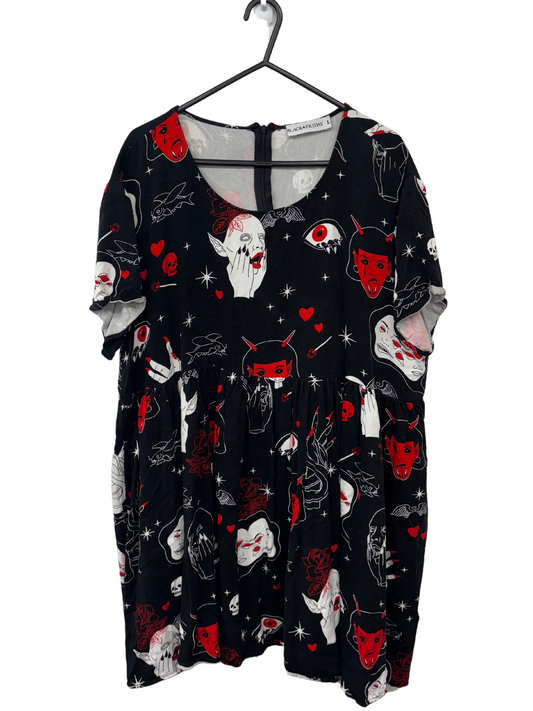 Black, White & Red Short Sleeve Dress with Demon Print