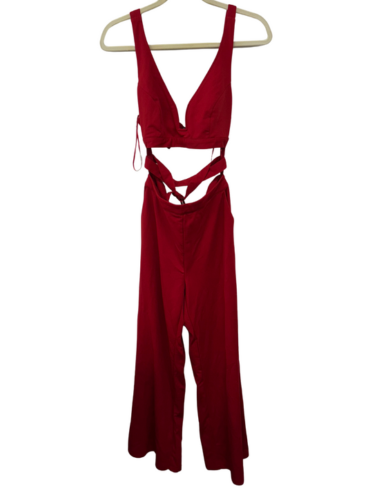 Red Strappy Cutout Buckle Jumpsuit