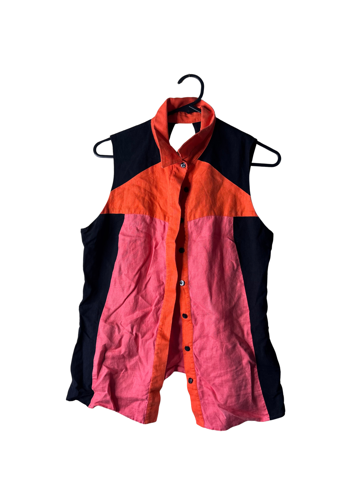 Orange, Pink, Black Sleeveless Button Up Top