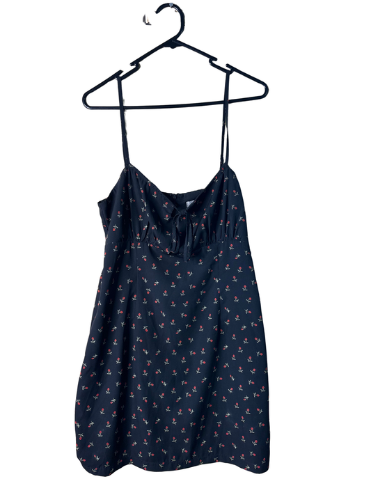 Black Strappy Short Dress with Red & Green Rose Print