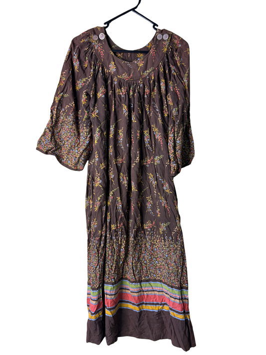 Vintage Brown & Multicolour Floral Midi Half Sleeve Dress