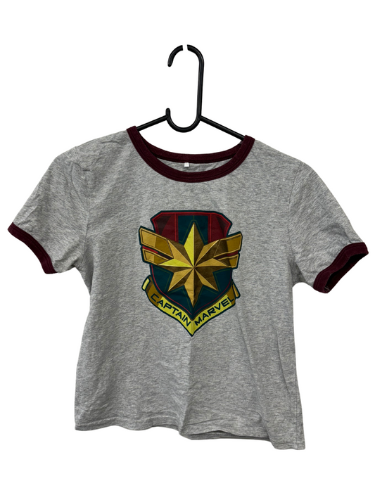 Grey & Maroon Cropped Ringer Baby Tee with Captain Marvel Logo