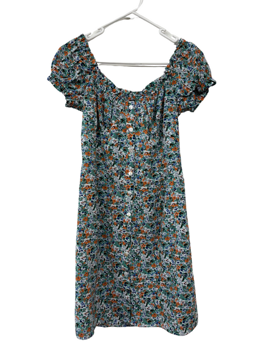 Green, Orange, Blue Floral Pattern Mini Dress with Buttons