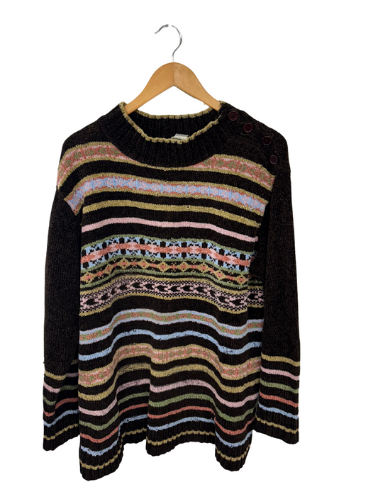 Vintage Dark Brown & Pink & Green Knit Jumper with Buttons