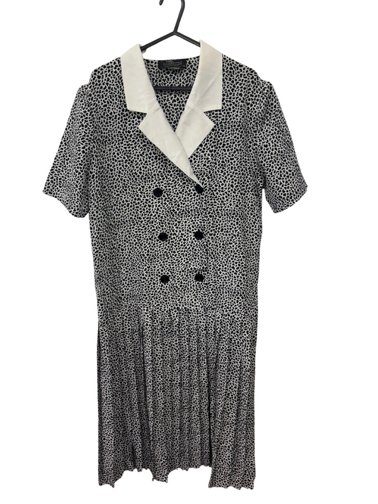 80s Black & White Pattern Midi Pleated Dress