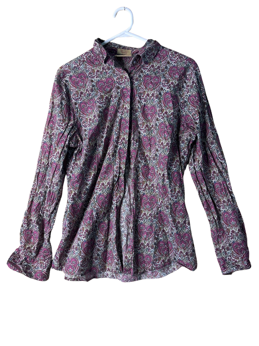 Cream, Green, Pink Paisley Long Sleeve Semi-Fitted Button Up Shirt