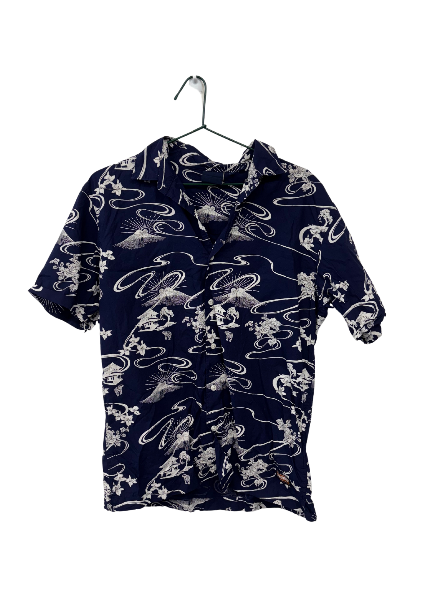 Dark Blue & White Print Short Sleeve Button Up Shirt