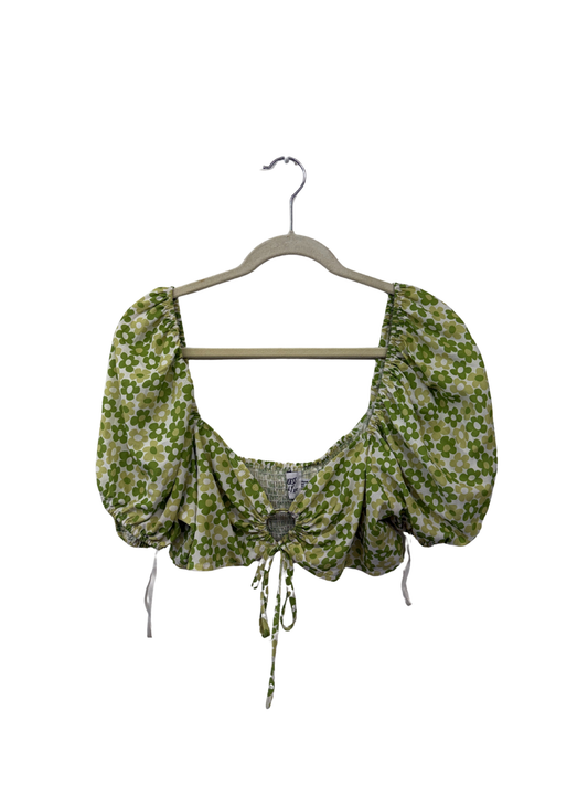 Green & White Floral Print Short Puff Sleeve Crop Top