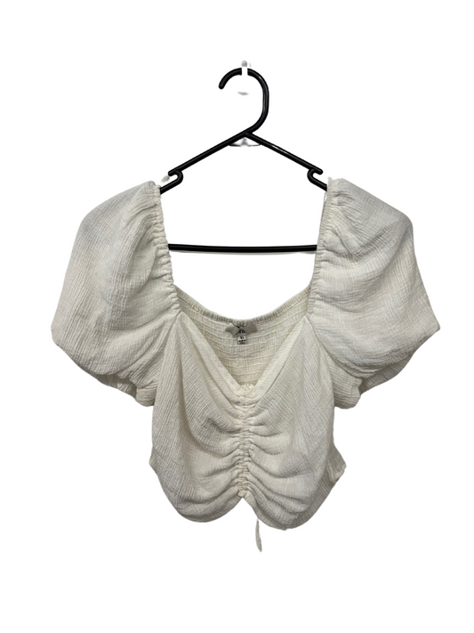 White Puffy Sleeve Crop Top with Drawstring Front