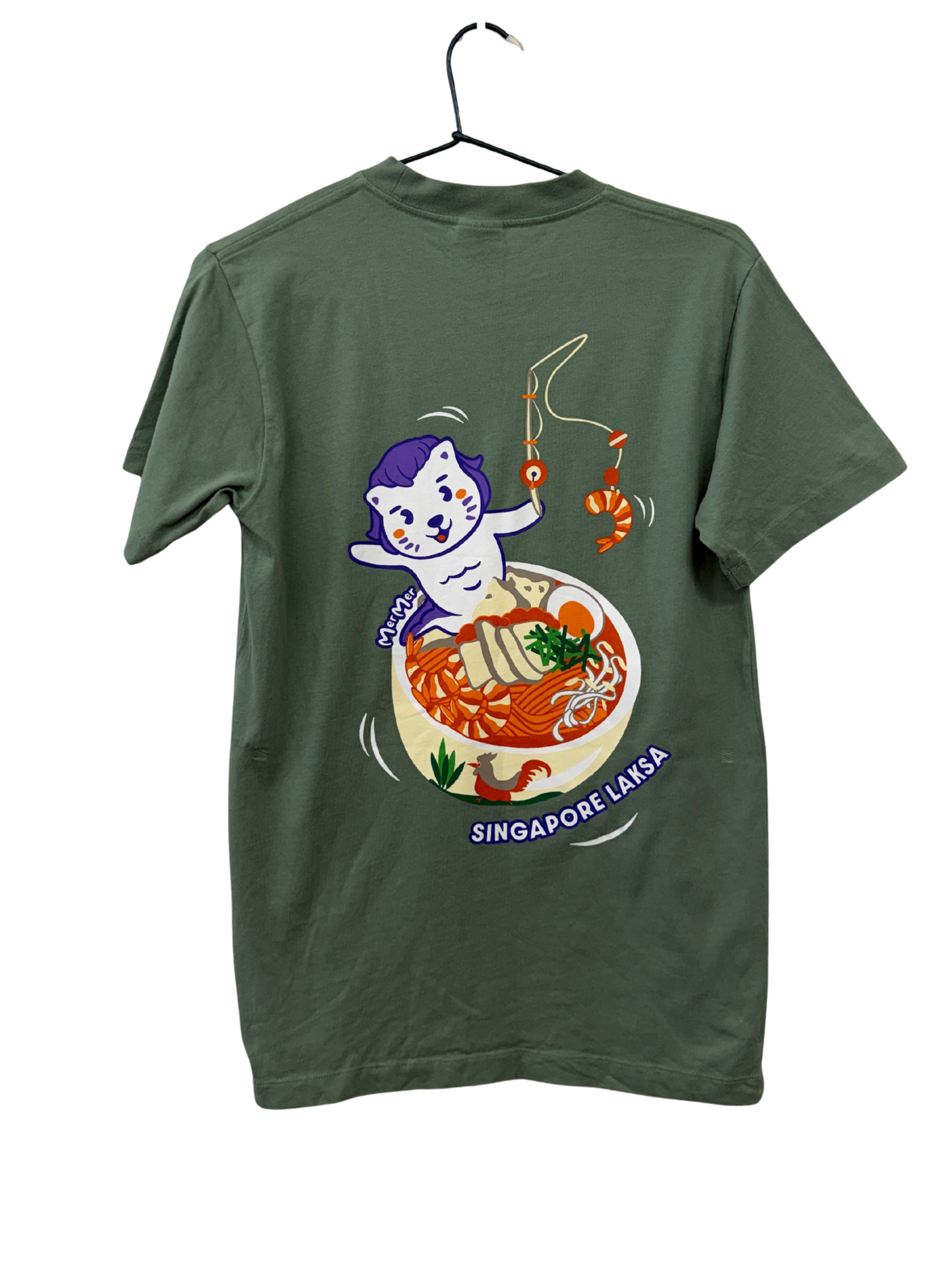 Green T-Shirt with Multicolour 'Singapore' & Cat Graphic