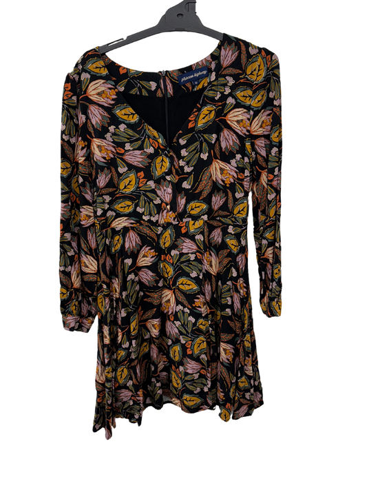 Black, Yellow, Purple Floral Print Long Sleeve Button Up Dress