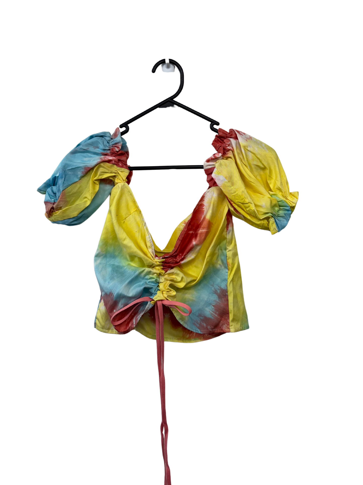 Blue, Yellow, Red Tie Dye Puffy Sleeve Ruched Crop Top