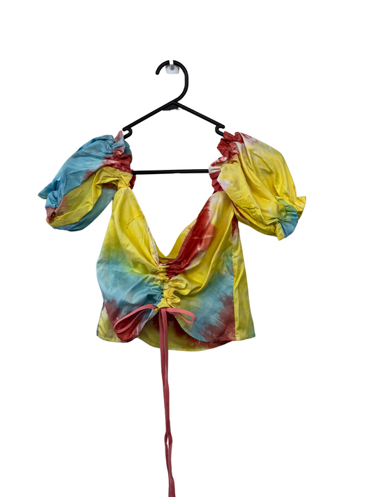 Blue, Yellow, Red Tie Dye Puffy Sleeve Ruched Crop Top