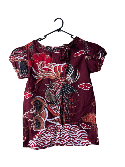 Maroon Short Sleeve Top with Bird Print (Batik)