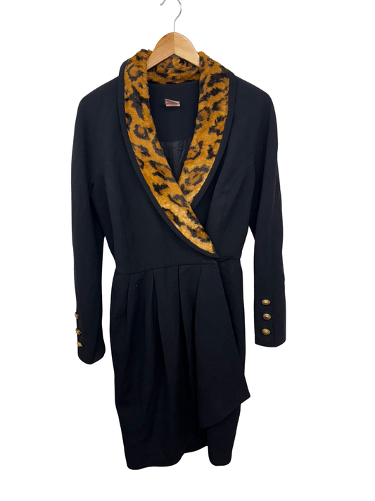 Vintage Black Midi Coat with Animal Print Collar