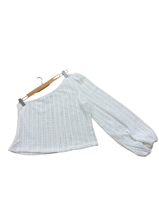 White One Shoulder Long Sleeve Knit Crop Top