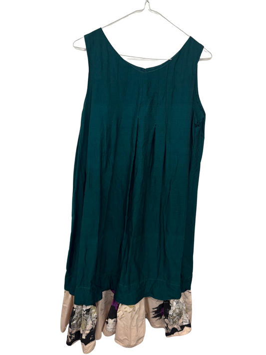 Green Sleeveless Drop Waist Dress with Pink Hem