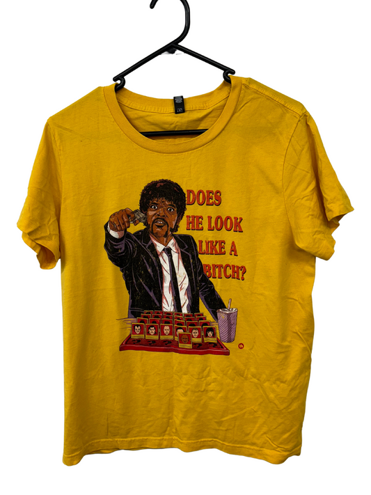 Yellow Short Sleeve T Shirt with 'Pulp Fiction' Samuel L Jackson Print