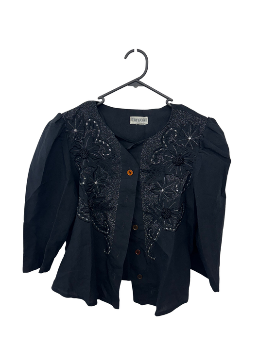 Vintage Black 3/4 Sleeve Jacket with Silver Floral Detail