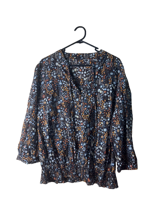 Brown, White & Multicolour Floral Print Long Sleeve Top with Elastic Waist