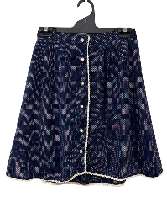 Navy Button Short Skirt with Polka Dots & Lace Trim