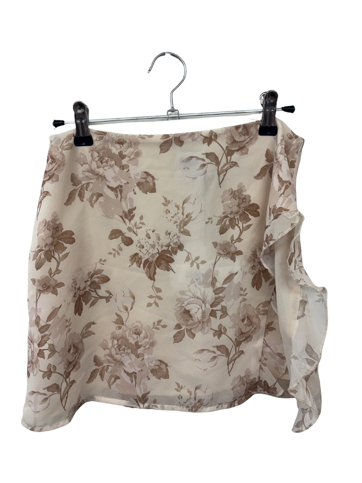 Light Pink & Brown Floral Print Skirt with Ruffle Split