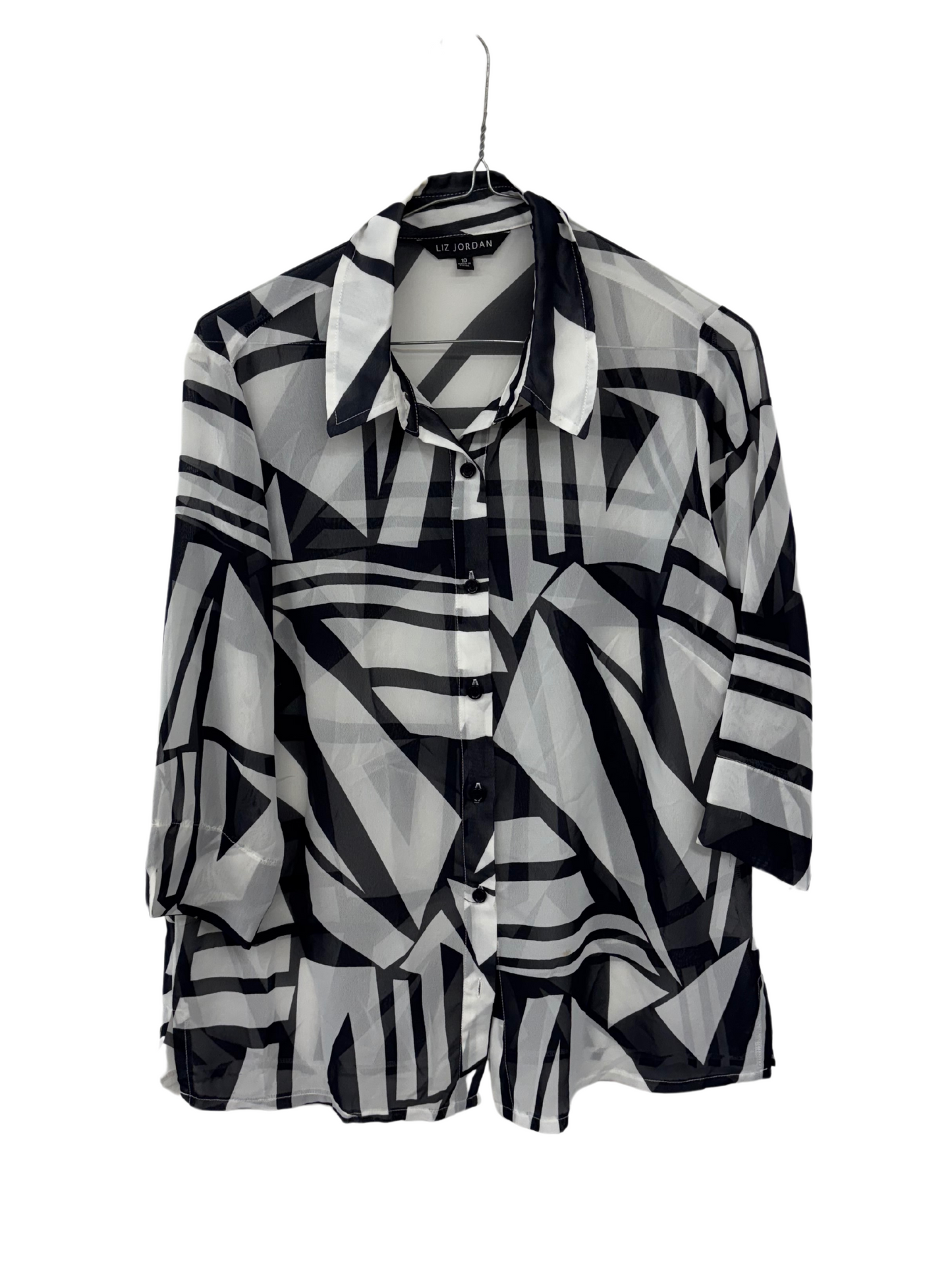 White & Black Geometric Shape Half Sleeve Sheer Button Up Shirt