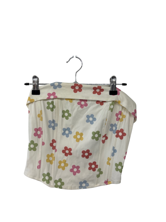 White & Multicolour Floral Print Strapless Corset Crop Top