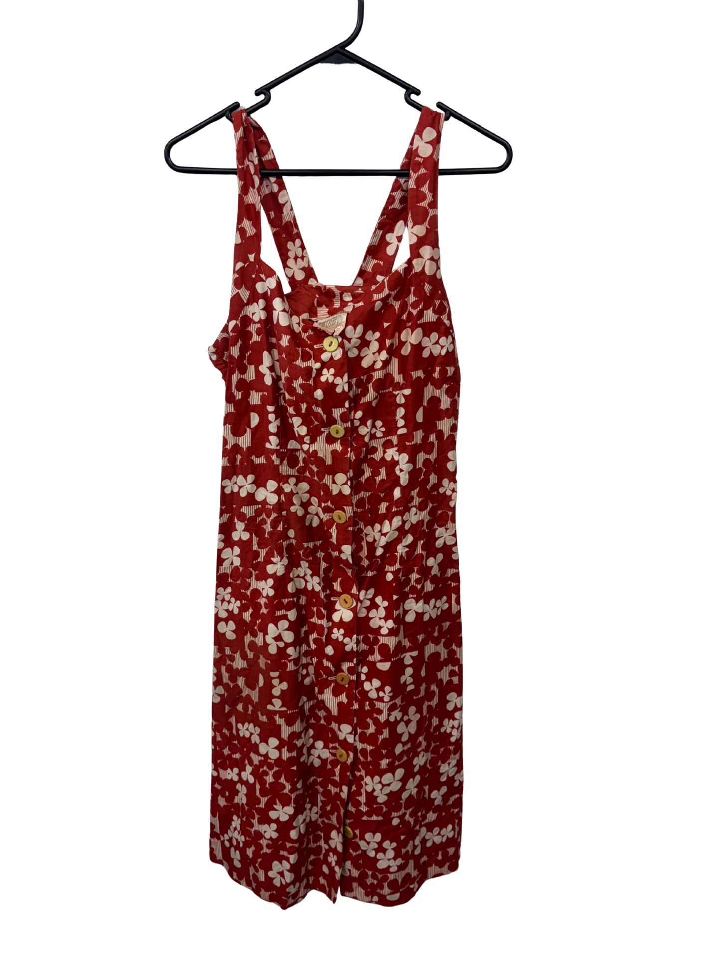 Vintage Red & Cream Floral Print Strappy Button Up Midi Dress