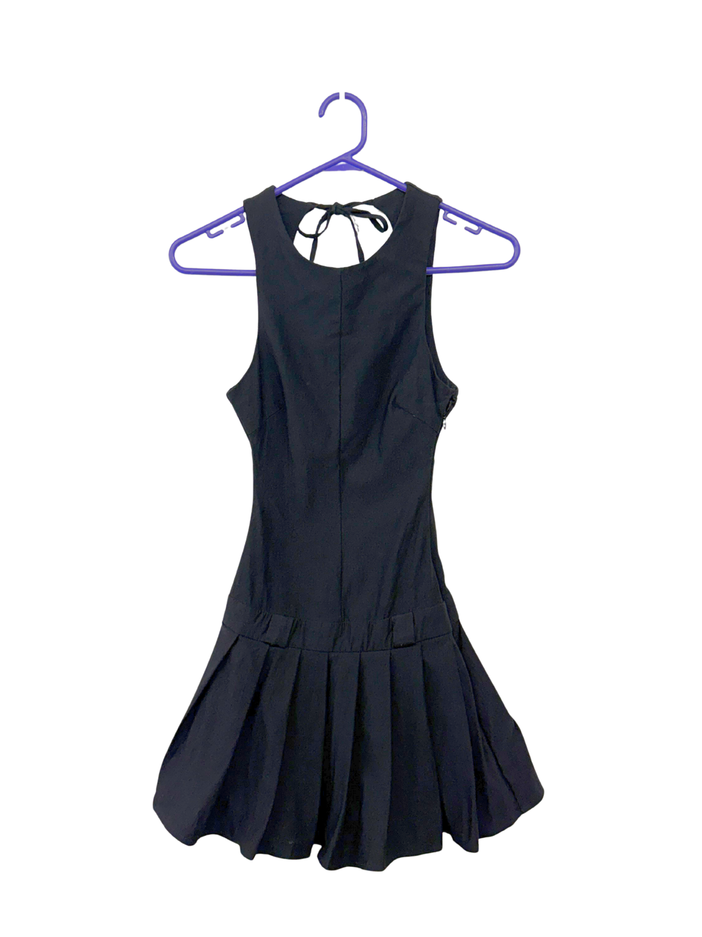 Black Sleeveless/Backless Mini Pleated Dress with Belt Loops