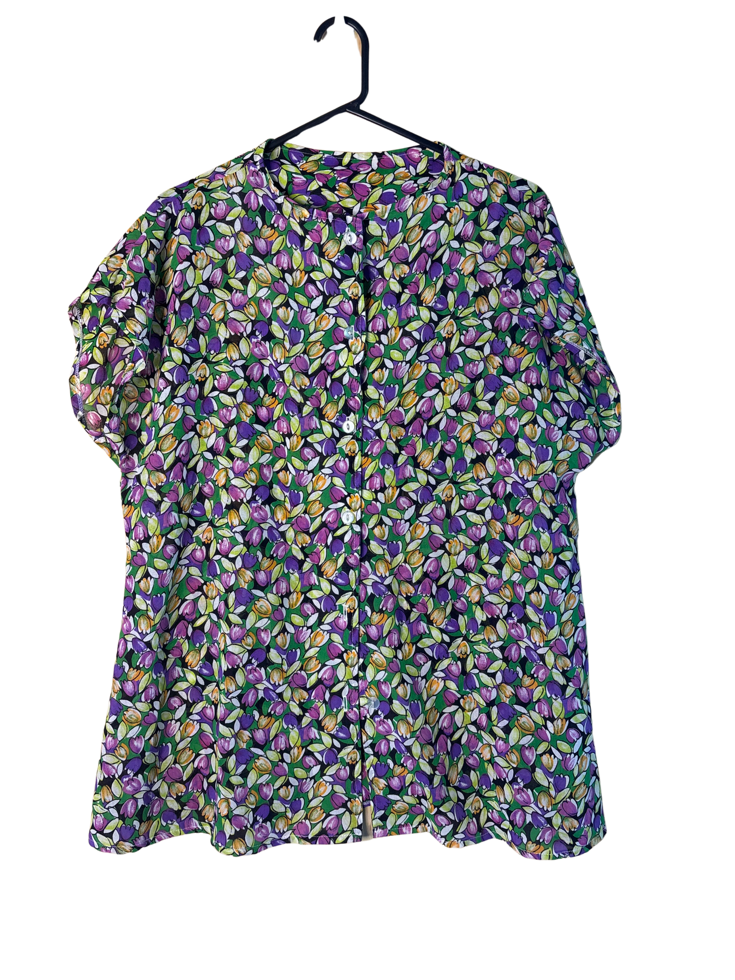 Vintage Purple, Green Floral Print Short Sleeve Button Up Shirt