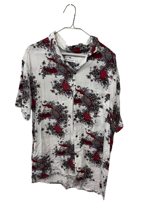 White, Black, Red Carp Pattern Short Sleeve Button Up Shirt