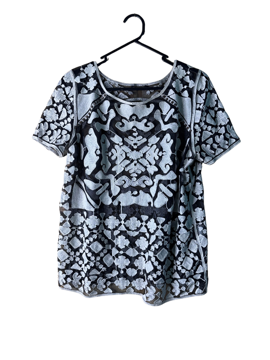 Black Mesh Top with Cream Embroidered Short Sleeve Top with Stud Detail