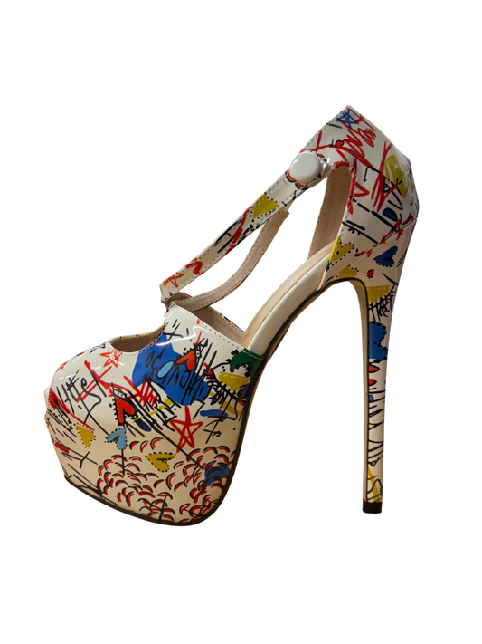 White & Multicolour Scribble Pattern High Heels