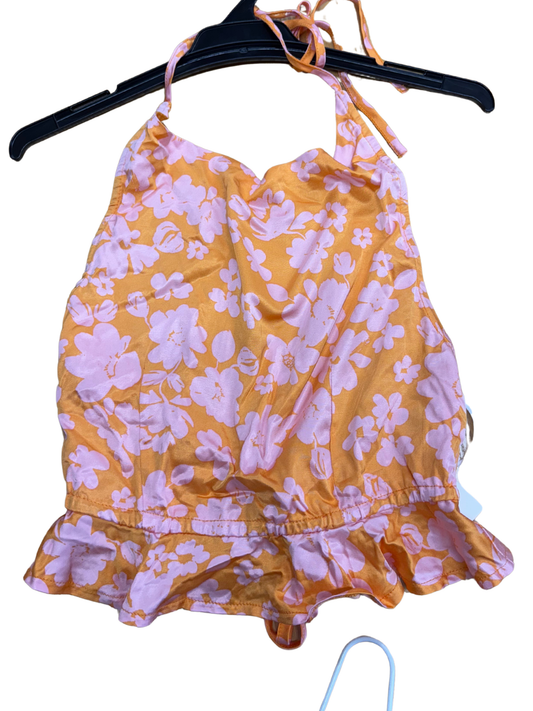 Pink & Green Floral Print Halter Tie Back Crop Top with Ruffle
