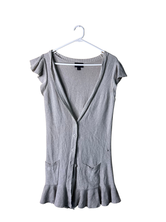Light Grey Knit Long Ruffle Button Up Top/Cardigan