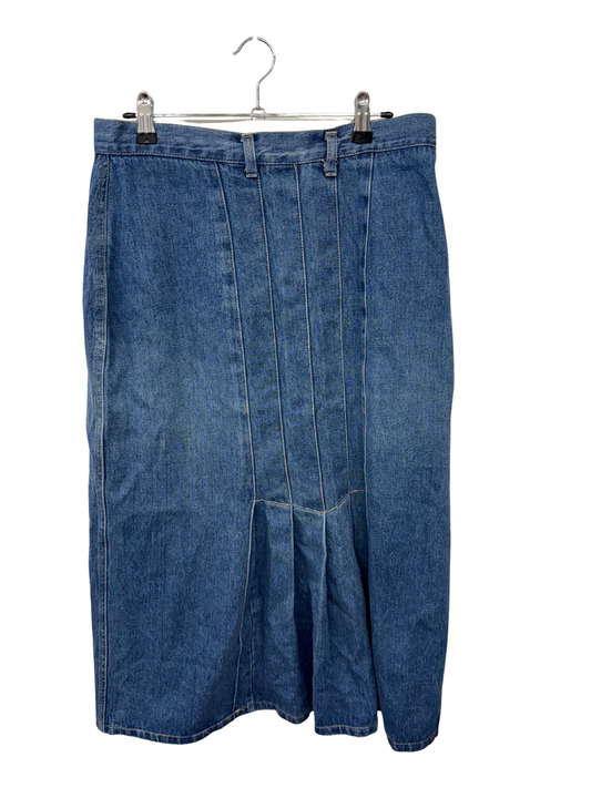 Vintage Blue Denim Fitted Midi Skirt with Pleated Front