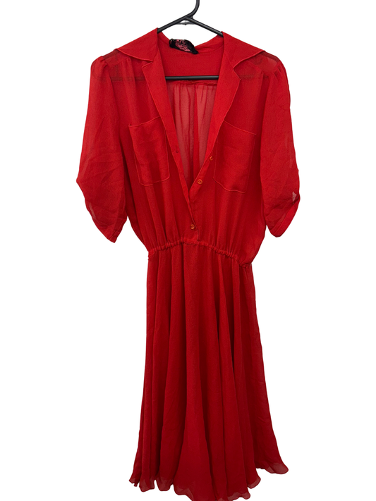 Vintage Red Short Sleeve Midi Sheer Dress