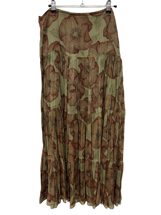 Vintage Green & Red Floral Semi-Sheer Tiered Maxi Skirt