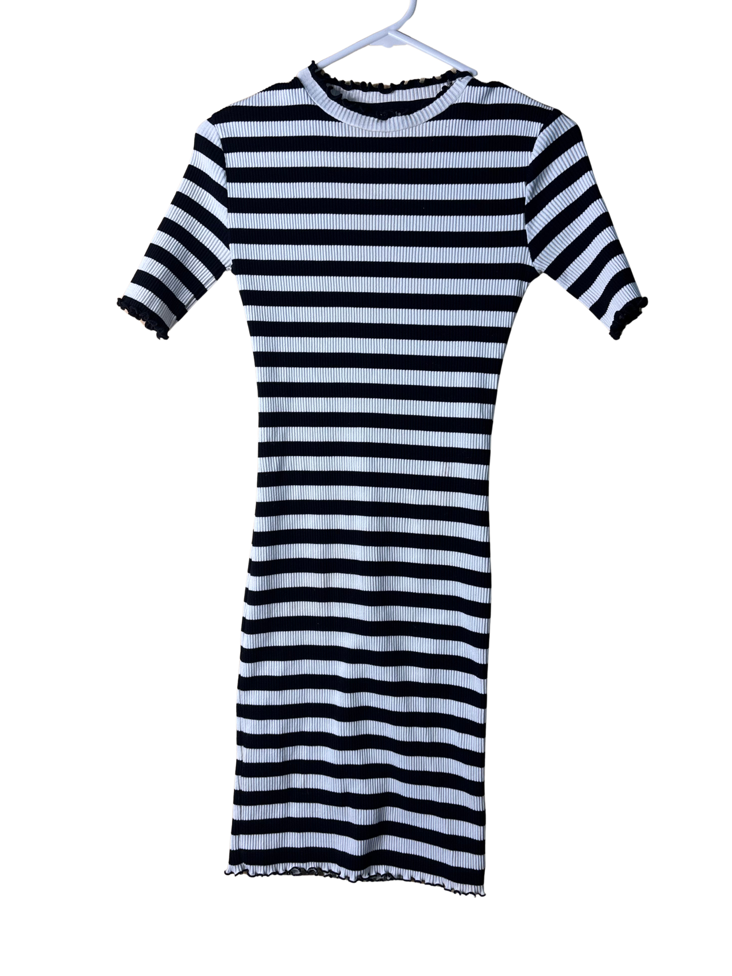 Black & White Striped Rib Fitted Dress with Lettuce Trim