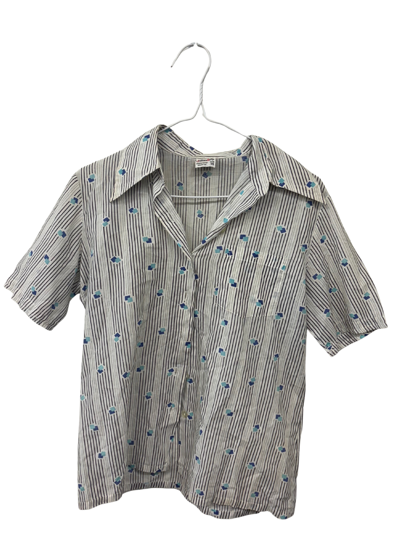 Vintage White, Black Stripe with Blue Diamond Boxy Short Sleeve Button Up Shirt