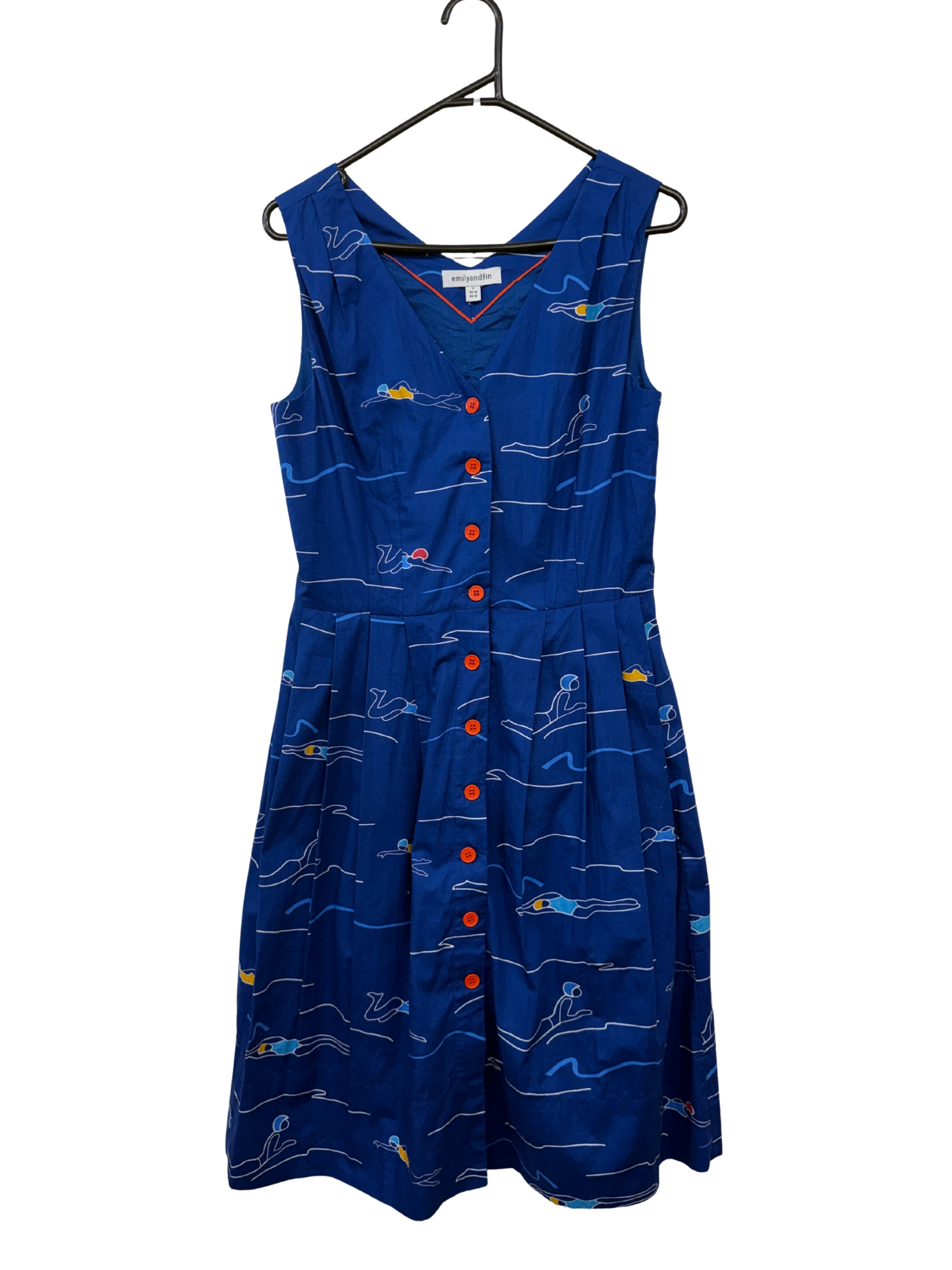 Blue & Red Sleeveless Midi Dress With Swimmers Pattern