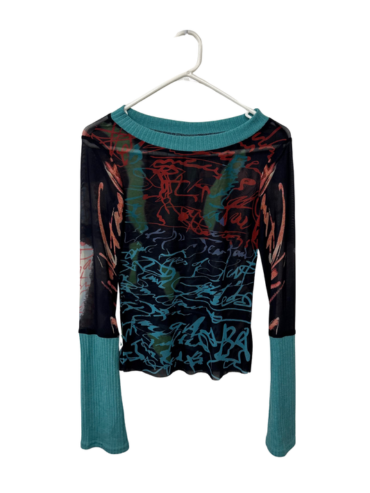 Black, Red, Blue Mesh & Knit Long Sleeve Top