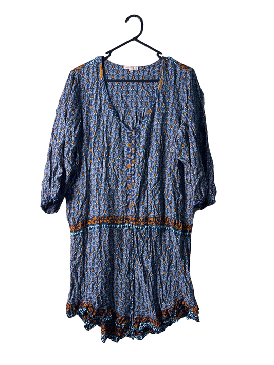 Blue & Orange Floral Print Long Sleeve Dress