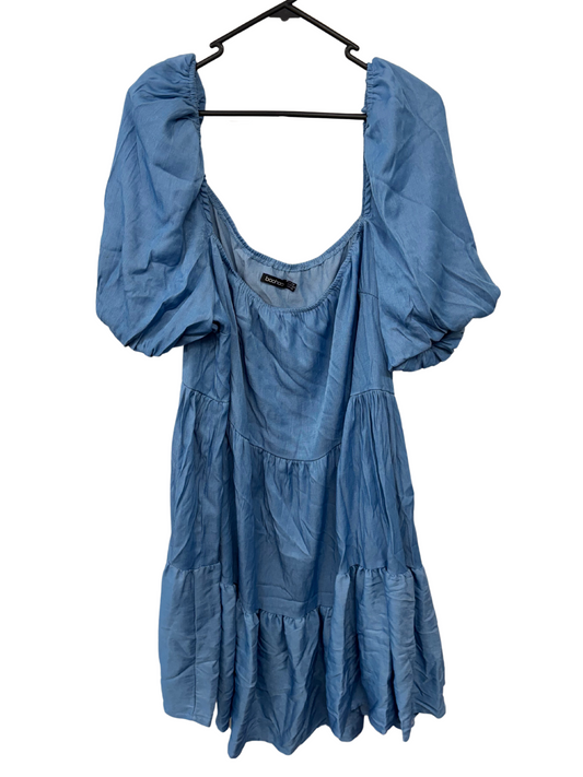 Blue Chambray Short Puffy Sleeve Tiered Dress