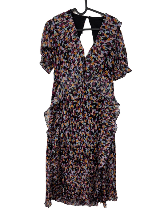 Black & Multicolour Pleated Short Sleeve Midi Dress