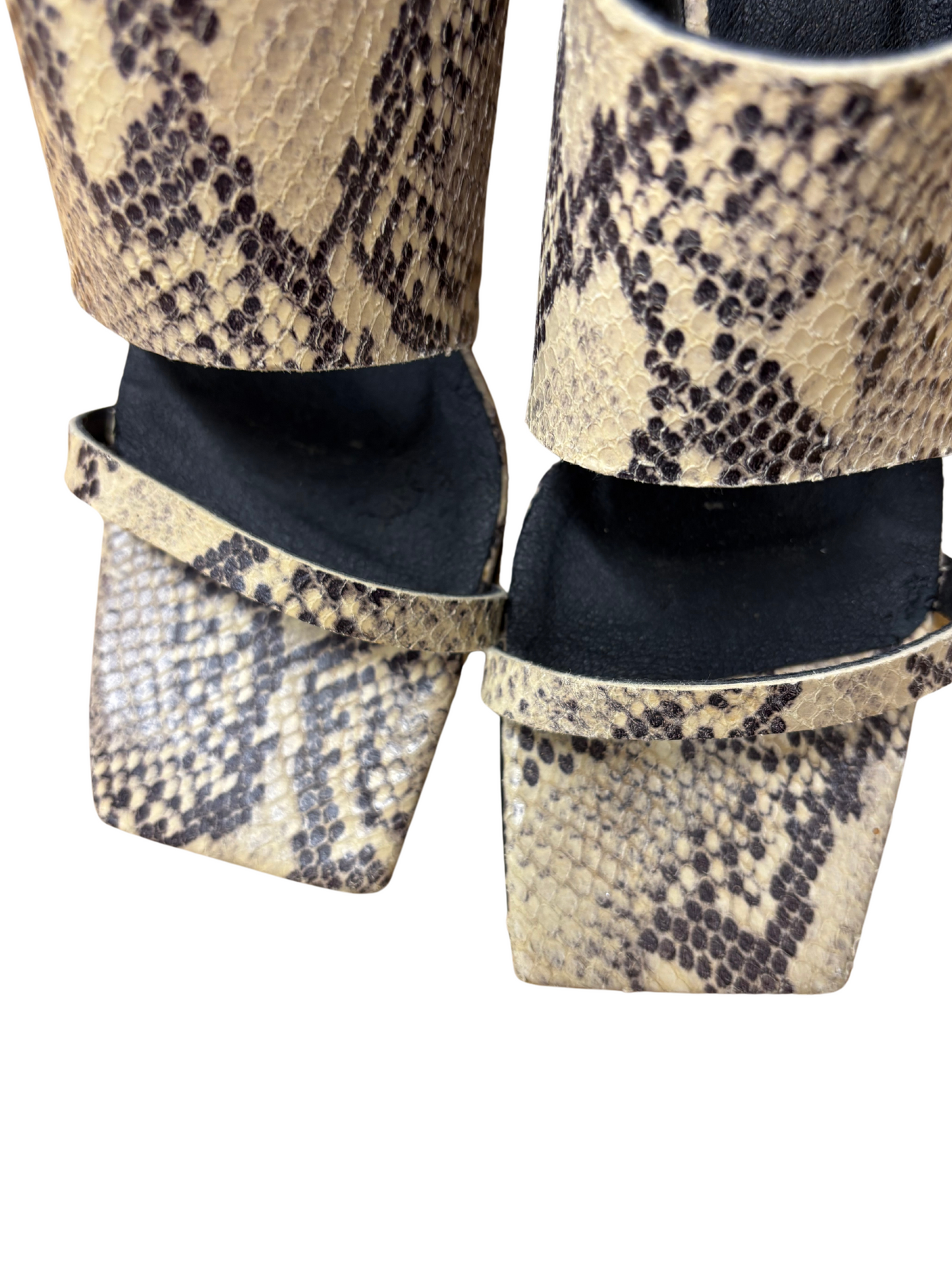 Beige/Black Snakeskin Print Heel Mules