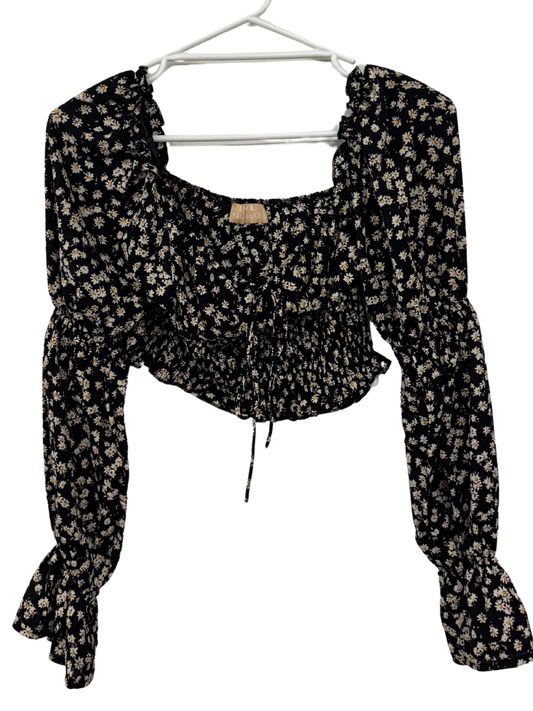 Black, White & Yellow Floral Print Long Sleeve Crop Top