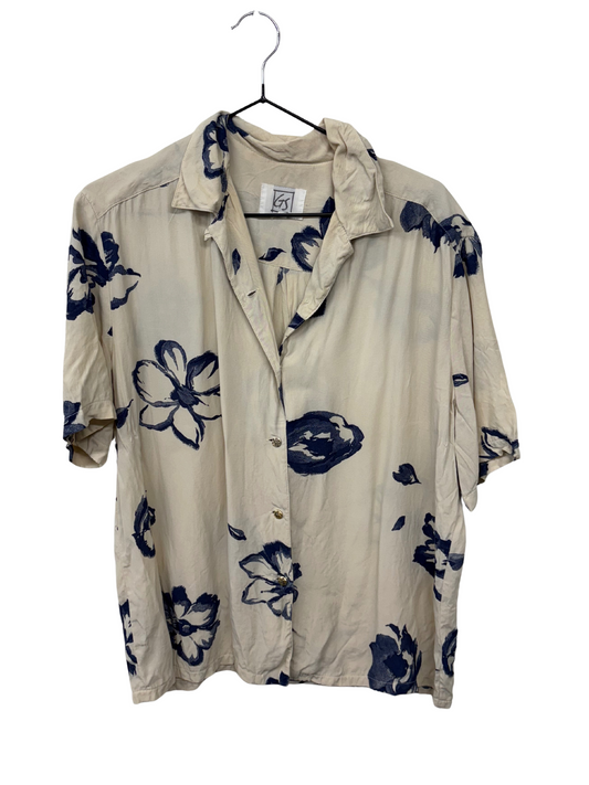 Vintage Cream & Blue Floral Print Short Sleeve Button Up Shirt
