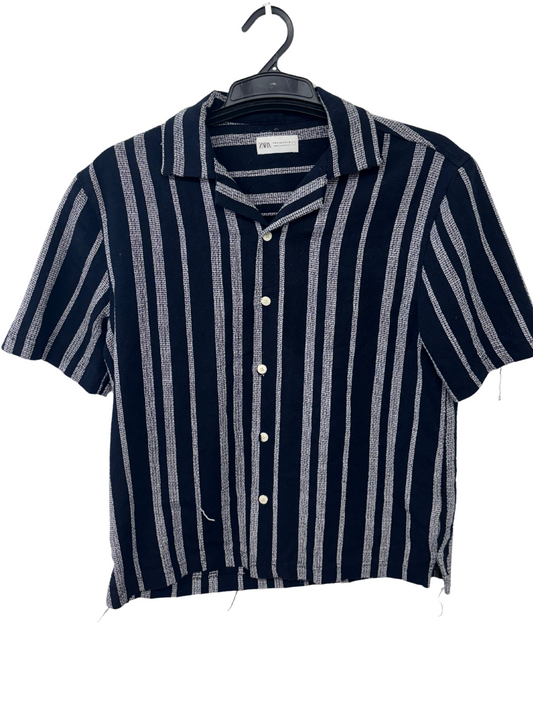 Dark Blue & White Stripe Short Sleeve Button Up Shirt
